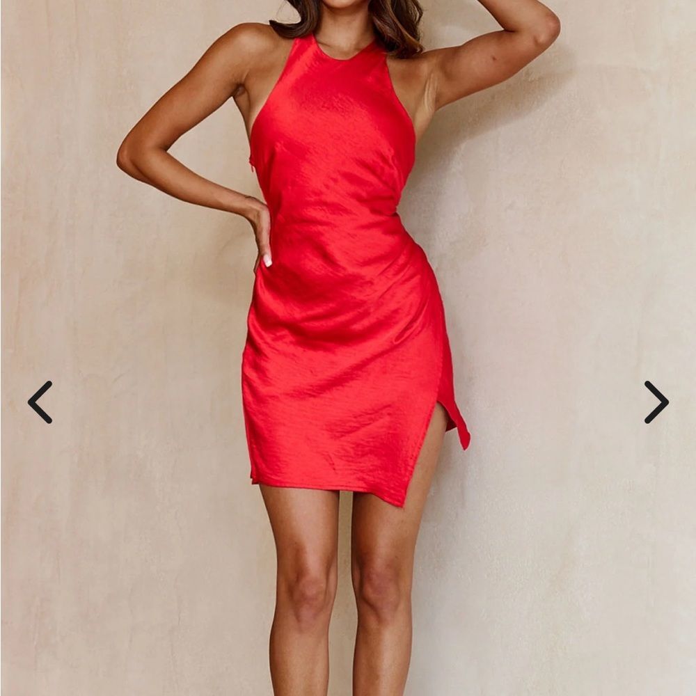 Nwt Selfie Leslie Sonoma Halterneck Faux Wrap Twist Back Mini Dress Flame Red